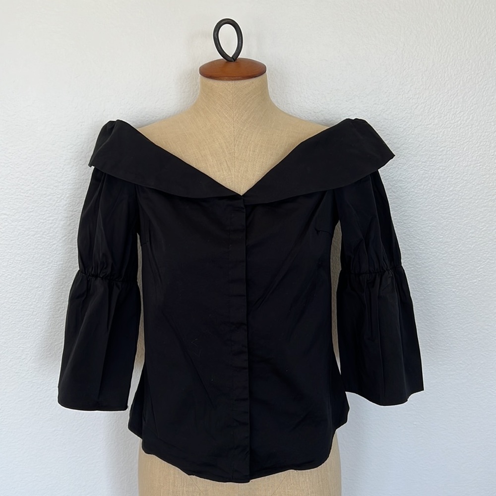 Zara Off Shoulder Button Up 3/4 Sleeve Black Shirt Size M - Picture 3 of 11